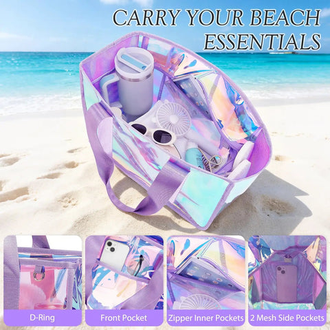 Iridescent Clear Jelly Tote Beach Bag For Women Waterproof And Sandproof See Through Pool Bag With Zipper on sandy beach