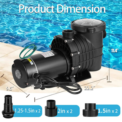 Kickass 2 Horsepower Pool Pump With Savage Six Thousand Eight Hundred Gallon Per Hour Flow And Self Priming Tech dimensions next to swimming pool.