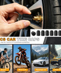 Hand placing black tire cap on car tire valve with images of vehicles below.