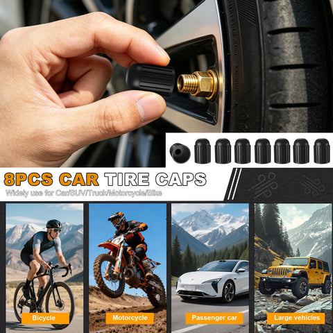 Hand placing black tire cap on car tire valve with images of vehicles below.