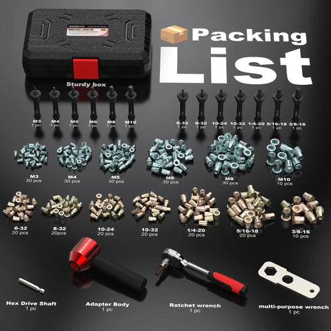 Rivet Nut Drill Adapter Kit With 290 Rivet Nuts And 13 Mandrels includes metric and inch sizes, tools, and case shown