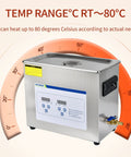 6.5L Ultrasonic Cleaner Pro Grade Heavy Duty With Digital Timer And Heater, temperature range graphic, stainless steel design