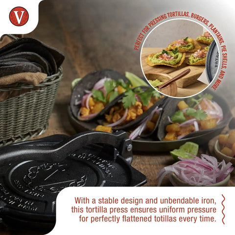 8 Inch Cast Iron Tortilla Press For Home And Commercial Use, Seasoned With Flaxseed Oil, next to freshly made tortillas and ingredients