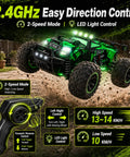Dope 2.4GHz 1:18 RC Car for Beginners with LED Lights in action on dirt terrain, highlighting 2-speed mode and remote control