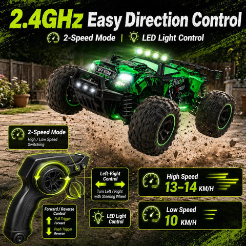 Dope 2.4GHz 1:18 RC Car for Beginners with LED Lights in action on dirt terrain, highlighting 2-speed mode and remote control