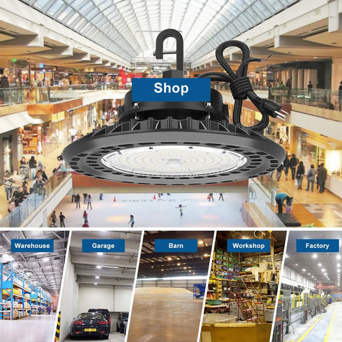 LED High Bay Lights Super Bright Boss Level Brightness 150W 22500LM Dimmable in a shopping mall setting