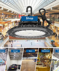 Ultra Bright 200W UFO LED High Bay Light With 30000 Lumens At 5000K 150LM/W DLC And ETL Listed 0-10V Dimmable IP65 Waterproof in mall scene