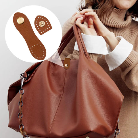 Eight Sets Leather Snap Buckles With Snap Button Closure Sew On For Wallets Bags And Notebooks Black And Light Brown Durable Leather Purse Fasteners For DIY Craft Projects shown on a bag.