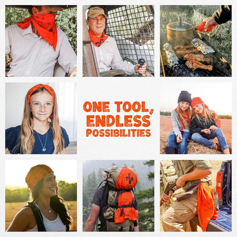 Warrior Kid Medic first aid triangular bandage, orange cotton, 1-pack; collage of people wearing orange bandanas