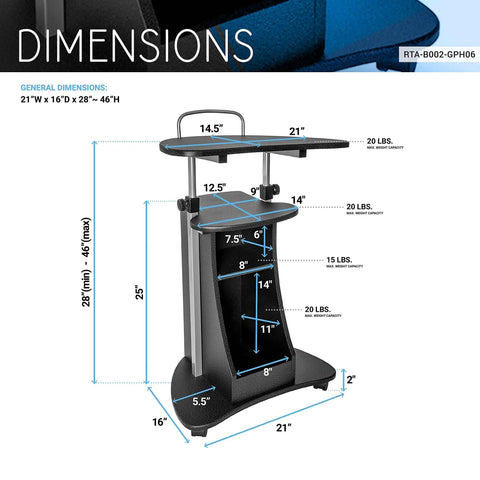 Sit To Stand Rolling Laptop Cart With Storage For Home Office Use, Adjustable Height From 28.25 Inches To 43 Inches, dimensions diagram