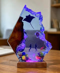 Ocean Resin Lamp With Scuba Diver Scene And Lit Multicolor LED Glow, USB Powered Table Light On Wooden Base For Home Office Decor