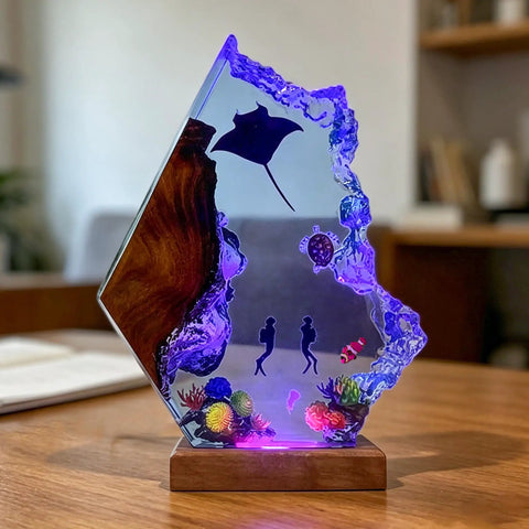 Ocean Resin Lamp With Scuba Diver Scene And Lit Multicolor LED Glow, USB Powered Table Light On Wooden Base For Home Office Decor