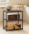 Built Tough Kitchen Island With Three Deep Storage Shelves And Reinforced Metal Frame, Spacious Workbench for meal prep with microwave and baskets.