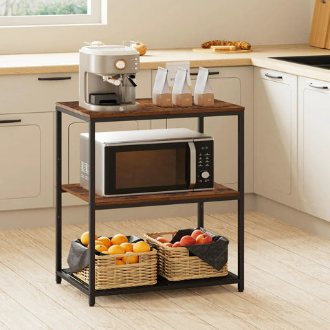 Built Tough Kitchen Island With Three Deep Storage Shelves And Reinforced Metal Frame, Spacious Workbench for meal prep with microwave and baskets.