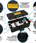 Weatherproof Outdoor Electrical Box With IP54 Protection Six Cable Entry Ports Protective Outlet Cover For Power Strips And Holiday Lights Keeps Extension Cords Safe From Rain Splashes And Dust, showing multiple features and ports, with cables connected.