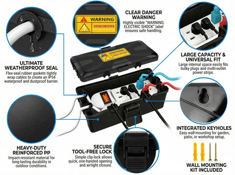 Weatherproof Outdoor Electrical Box With IP54 Protection Six Cable Entry Ports Protective Outlet Cover For Power Strips And Holiday Lights Keeps Extension Cords Safe From Rain Splashes And Dust, showing multiple features and ports, with cables connected.