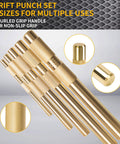 Five Piece Brass Punch Set For Non Marring Removal And Repair With Pins In One Quarter, Three Eighths, One Half, Five Eighths And Three Quarters Inch Pins, Pin Drive Design, Durable Brass Construction For Delicate Components, Replacement Part 67003-MAI with knurled grip detail