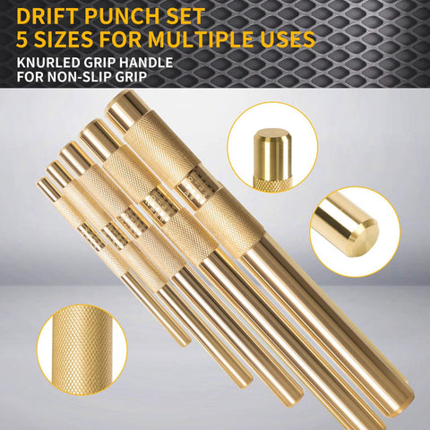 Five Piece Brass Punch Set For Non Marring Removal And Repair With Pins In One Quarter, Three Eighths, One Half, Five Eighths And Three Quarters Inch Pins, Pin Drive Design, Durable Brass Construction For Delicate Components, Replacement Part 67003-MAI with knurled grip detail