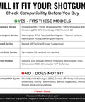 Compatibility chart for Shotgun Barrel Clamp Mount With Rubber Pads And Picatinny Rail Flashlight Attachment for various models.