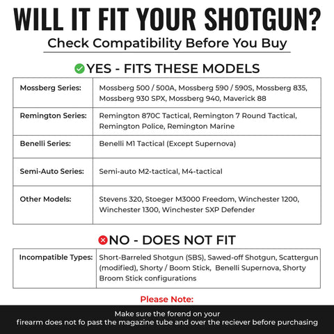 Compatibility chart for Shotgun Barrel Clamp Mount With Rubber Pads And Picatinny Rail Flashlight Attachment for various models.