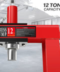 Close-up of Heavy Duty 12 Ton Hydraulic H Frame Shop Press For Garage Floor And Benchtop Use with pressure gauge, red color.