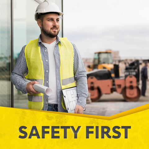Construction worker wearing High Visibility Safety Vest 10 Pack Neon Yellow Mesh With Reflective Silver Strips at site.