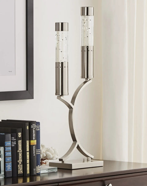 Two Cylinder Water Drop Dancing Night Lights in Satin Nickel Finish ultra modern mood lamp on a wooden side table