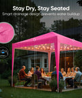 No Fuss Easy Setup 10x10 Pop Up Canopy Tent With No Sidewalls, pink waterproof tent with vented top, used for outdoor dinner