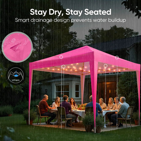 No Fuss Easy Setup 10x10 Pop Up Canopy Tent With No Sidewalls, pink waterproof tent with vented top, used for outdoor dinner