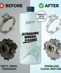 Ultrasonic Cleaner Solution Concentrate With Free Cleaning Cloth Makes Up To 50 Gallons For All Ultrasonic Machines Usa Made 32 Oz Cleaning Liquid Pro Grade Heavy Duty For Carburetors Engine Parts And Small Metal Components bottle with before and after images of a ring and carburetor.