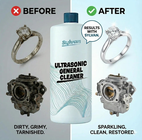 Ultrasonic Cleaner Solution Concentrate With Free Cleaning Cloth Makes Up To 50 Gallons For All Ultrasonic Machines Usa Made 32 Oz Cleaning Liquid Pro Grade Heavy Duty For Carburetors Engine Parts And Small Metal Components bottle with before and after images of a ring and carburetor.