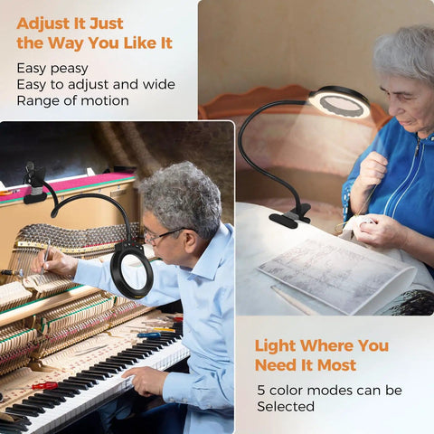 USB Clip On Handy Magnifier Lamp With 3.2 Inch Lens And 62 High CRI LEDs 10X Magnification used for piano and reading