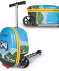Front view of LitRide kids' hardshell luggage with scooter, blue case, yellow zipper, LED wheels