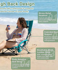 Person sitting on High Back Beach Chair For Camping And Tailgating, Ultra Lightweight Yet Heavy Duty Support, on beach, green color