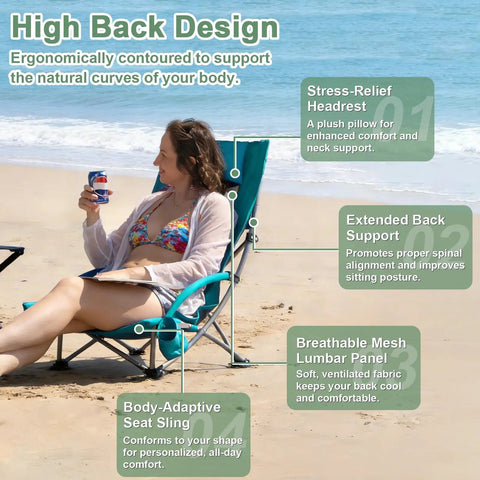 Person sitting on High Back Beach Chair For Camping And Tailgating, Ultra Lightweight Yet Heavy Duty Support, on beach, green color
