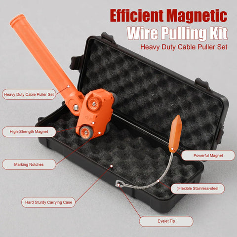 Pro Level Magnetic Wire Puller With Stainless Steel Leader And 180 Degree Pivot Grip For No Sweat Drywall Cable Fishing In Tight Wall Spaces Comes With Heavy Duty Storage Case