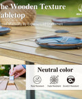 Outdoor Dining Table For 6 In A Rectangular Metal Patio Table With Umbrella Hole, Weatherproof Wood Like Steel Slat Top, close-up view