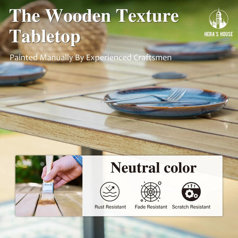 Outdoor Dining Table For 6 In A Rectangular Metal Patio Table With Umbrella Hole, Weatherproof Wood Like Steel Slat Top, close-up view
