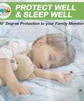 Child sleeping under a Four Corner Bed Mosquito Net For Canopies And Travel, Rectangular Mesh Netting With High Density Breathable Fabric