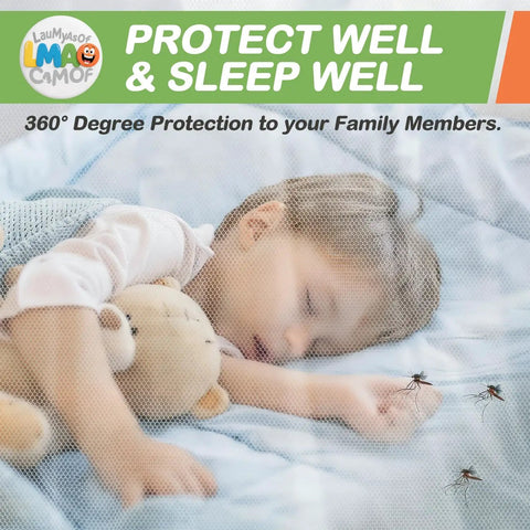Child sleeping under a Four Corner Bed Mosquito Net For Canopies And Travel, Rectangular Mesh Netting With High Density Breathable Fabric