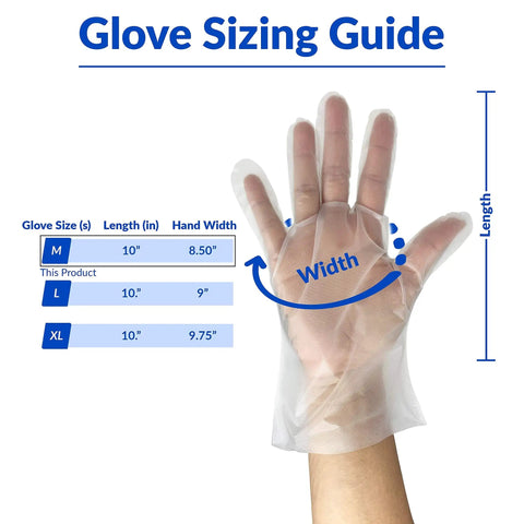 Glove sizing guide for 1000 Count Medium Disposable Gloves Bulk Pack Latex Free Powder Free Hybrid Plastic Gloves for Food Handling.