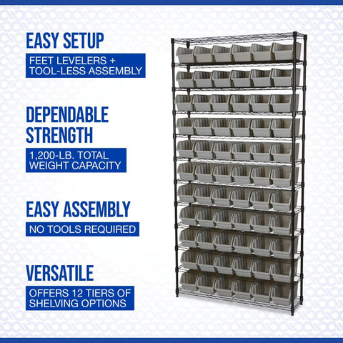 Heavy Duty 12 Tier Wire Shelving Workhorse With 66 Clear Storage Bins Built For Garage Shop Or Craft Vault Easy Peasy Tool Free Assembly Powder Coated Steel Frame Self Leveling Support Feet Design
