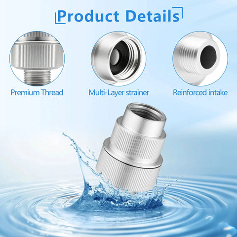 Heavy Duty Inline Water Filter For Washing Machines With Multi Stage Sediment Strainer And Stainless Steel Mesh Plus Triple Layer Fine Cotton, showing premium threaded connector and multi-layer strainer.