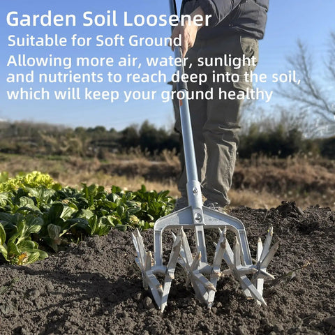 Gardener using Rotary Cultivator For Your Garden With Adjustable Hand Tiller Detachable Solid Metal Tines 2 In 1 Manual Garden Cultivator For Loosening And Mixing Soil Great For Reseeding Grass 58 Inch Reach on garden soil next to plants.