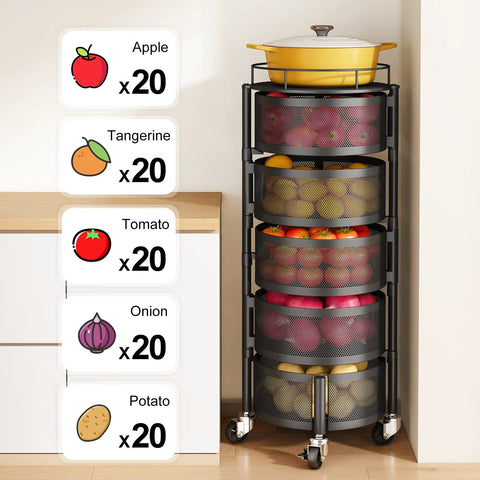 Large Black 5 Tier Rotating Fruit And Vegetable Storage Cart With Metal Top Lid On Wheels, filled with apples and more