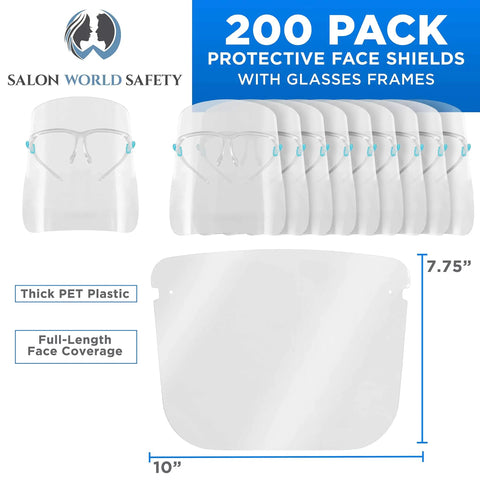 200 Pack Face Shields With Glasses Frames Anti Fog Full Face Protection PET Plastic Sanitary Droplet Guard