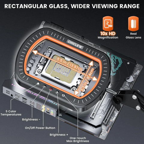 10X Rectangular Lighted Magnifier With Clamp Three Arm Design And Five Color Modes Crystal Clear View for crafts and repairs