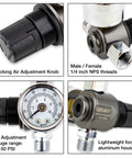 HVLP Spray Gun Air Regulator with Pressure Gauge and Diaphragm Control 0 to 150 PSI, showing locking knob and aluminum housing