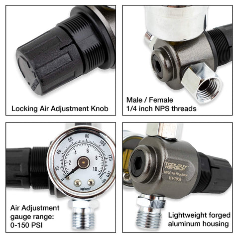 HVLP Spray Gun Air Regulator with Pressure Gauge and Diaphragm Control 0 to 150 PSI, showing locking knob and aluminum housing