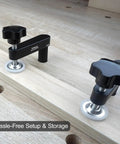 Two Pack Three Quarter Inch Bench Dog Clamps For Woodworking Anti Twist Design With Silicone Pads 19mm Workbench Compatibility Aluminum Build Delivers Strong Scratch-Free Secure Hold For Craftsmen And DIYers on wooden bench